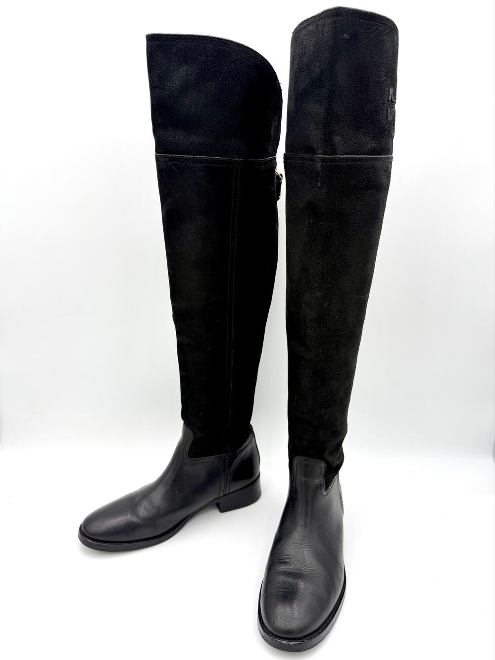 Tory Burch Simone Over the Knee Riding Boots Black Leather Size 7 Embossed Logo